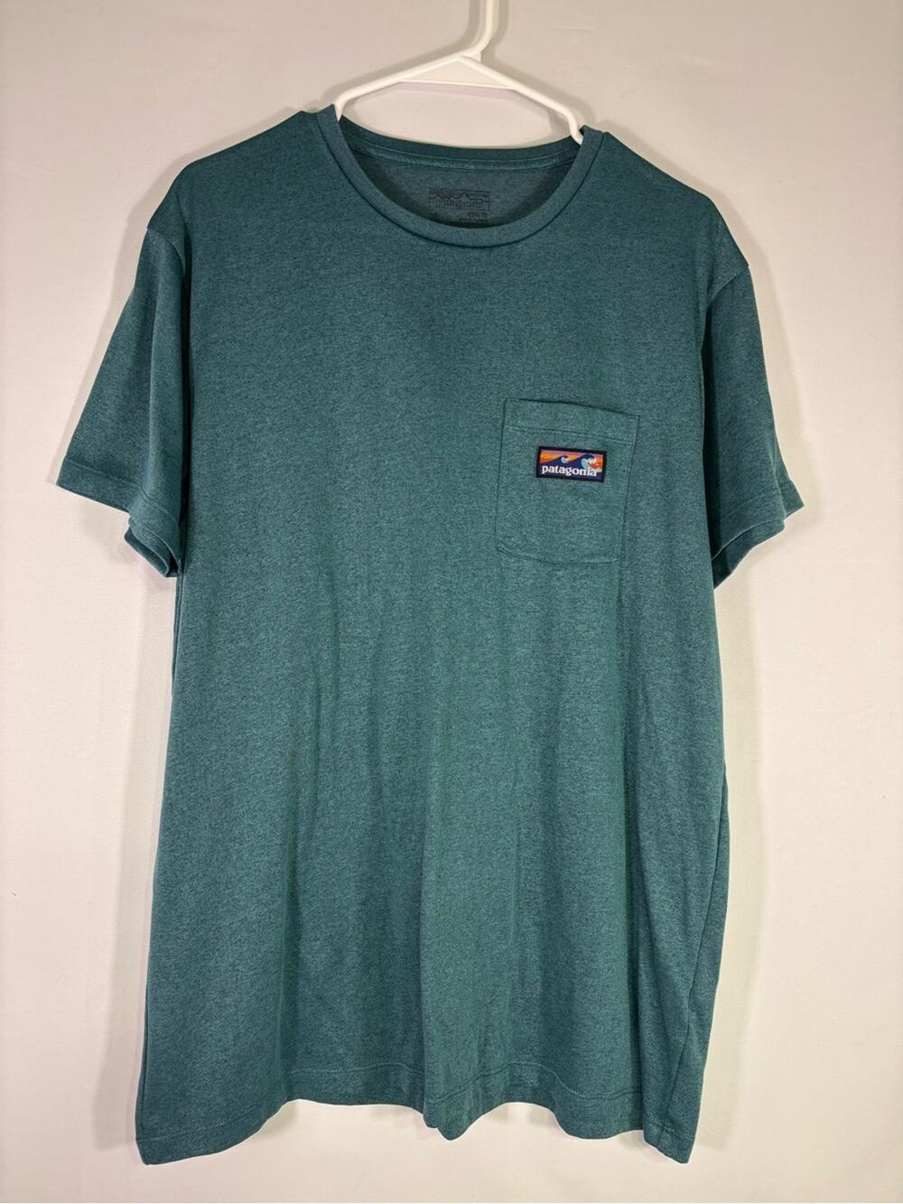 Patagonia Pocket Tee Shirt Heather Teal Recycled Polyester Logo Tee XL